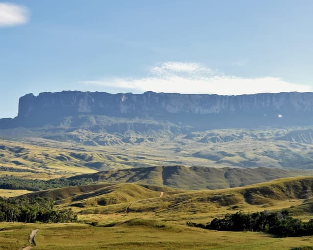 Mount Roraima's flat-topped tepui rising above the green Gran Sabana savanna in Venezuela