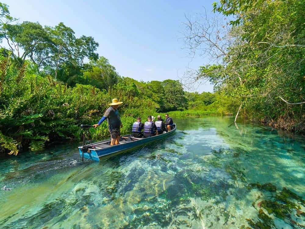 Grupo de turistas num barco a navegar nas águas cristalinas de um rio cercado por vegetação exuberante em Bonito.