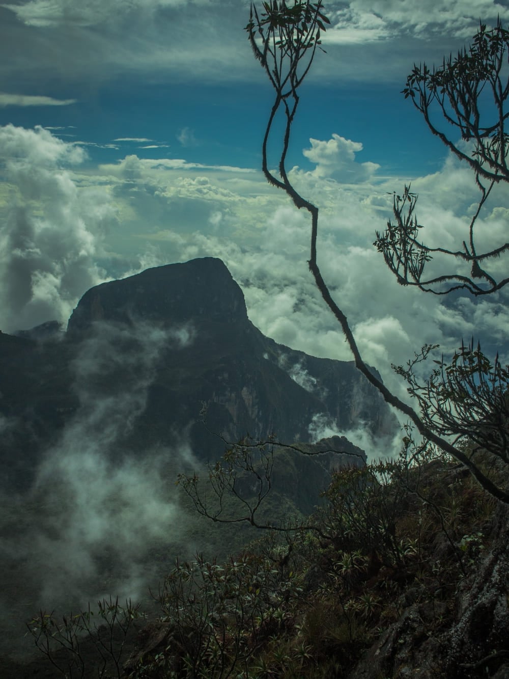O pico escuro e rochoso do Pico da Neblina elevando-se acima de uma espessa camada de nuvens brancas na Floresta Amazônica.