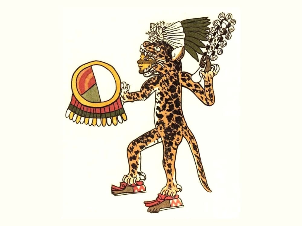 Uma ilustração mesoamericana histórica retratando uma figura vestida como um guerreiro jaguar com um escudo e cocar.