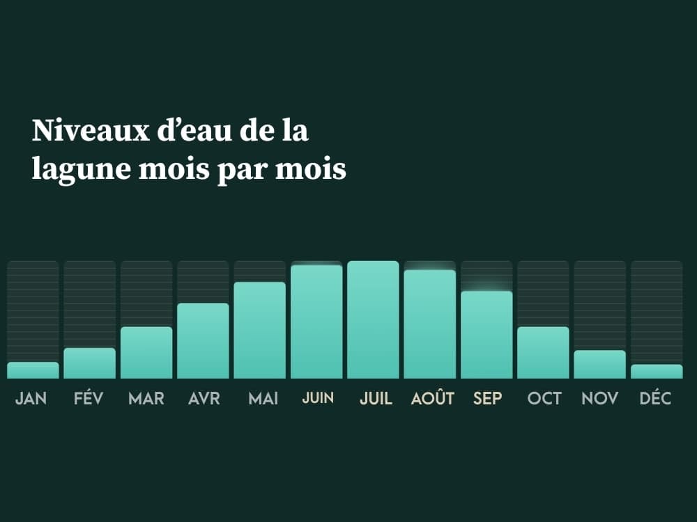 Graphique du niveau des lagunes des Lençóis Maranhenses mois par mois, bas de décembre à février et plein de juin à septembre