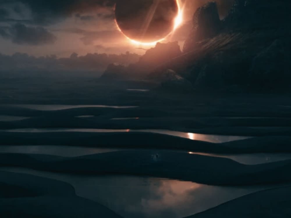 Cena escura com um grande sol no horizonte sobre dunas e lagoas, o cenário do planeta Vormir no filme Vingadores: Guerra Infinita. Cena escura com um grande sol no horizonte sobre dunas e lagoas, o cenário do planeta Vormir no filme Vingadores: Guerra Infinita.