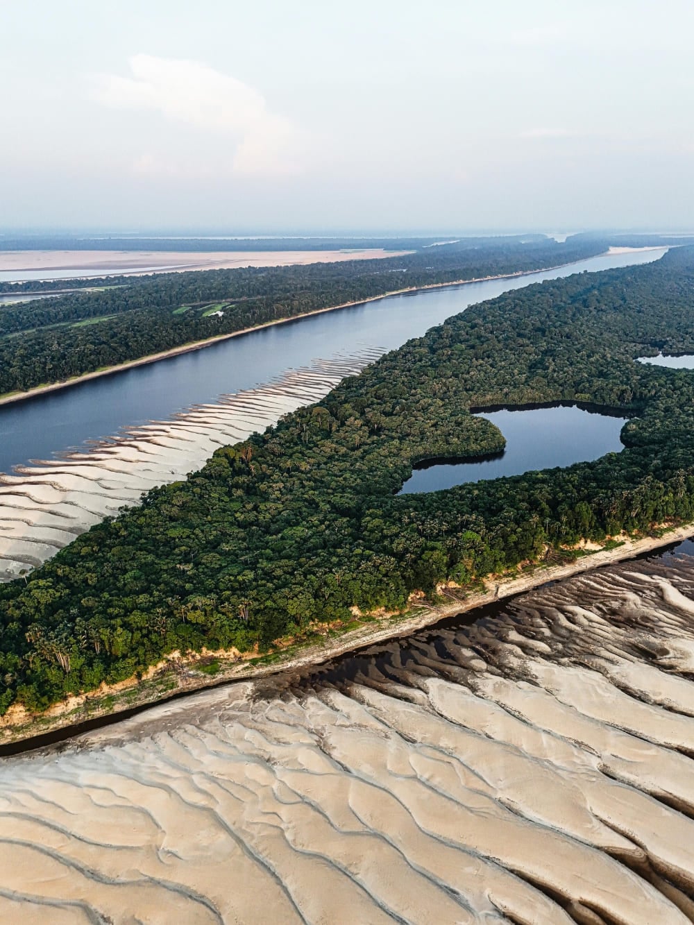 Vista aérea do Rio Amazonas durante a estação seca mostrando bancos de areia expostos ao longo da borda da floresta. Vista aérea do Rio Amazonas durante a estação seca mostrando bancos de areia expostos ao longo da borda da floresta.
