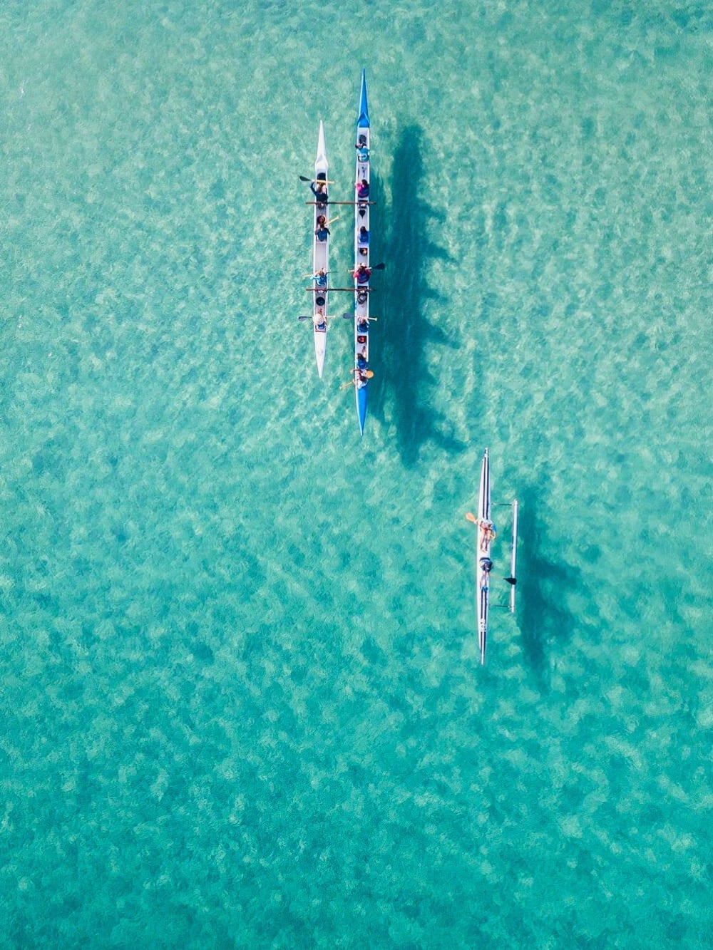 Vista aérea de pessoas remando uma canoa havaiana tradicional pelas vibrantes e transparentes águas azul-turquesa de Fernando de Noronha. Vista aérea de pessoas remando uma canoa havaiana tradicional pelas vibrantes e transparentes águas azul-turquesa de Fernando de Noronha.