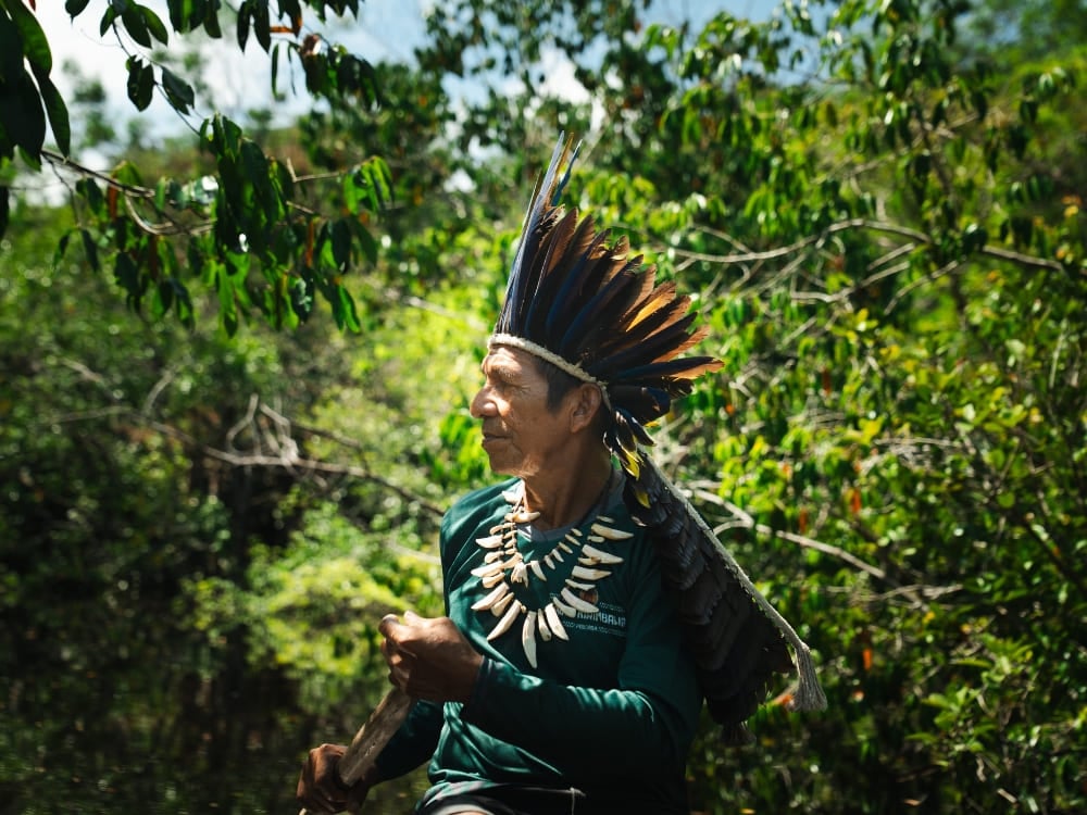 Een inheemse man met een traditionele verentooi loopt door de weelderig groene jungle. Een inheemse man met een traditionele verentooi loopt door de weelderig groene jungle.
