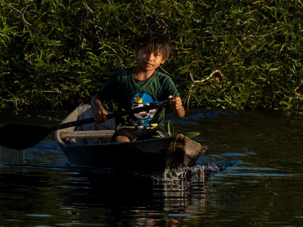 Um menino remando uma canoa de madeira em um rio escuro, representando a vida cotidiana das comunidades ribeirinhas na Amazônia. Um menino remando uma canoa de madeira em um rio escuro, representando a vida cotidiana das comunidades ribeirinhas na Amazônia.