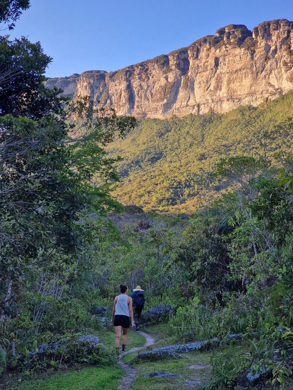 Zwei Wanderer gehen auf einem schmalen Feldweg durch üppig grüne Vegetation auf eine massive, hoch aufragende Felswand im Vale do Pati zu. Zwei Wanderer gehen auf einem schmalen Feldweg durch üppig grüne Vegetation auf eine massive, hoch aufragende Felswand im Vale do Pati zu.