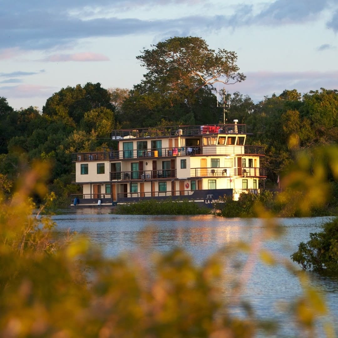 Le catamaran chic La Jangada naviguant sur le fleuve Amazone, entouré d'arbres, offrant un mélange parfait de confort et d'aventure. Le catamaran chic La Jangada naviguant sur le fleuve Amazone, entouré d'arbres, offrant un mélange parfait de confort et d'aventure.
