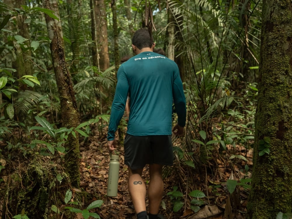 Ein Reisender wandert durch den dichten grünen Dschungel und erlebt den Ökotourismus im Amazonas hautnah. Ein Reisender wandert durch den dichten grünen Dschungel und erlebt den Ökotourismus im Amazonas hautnah.