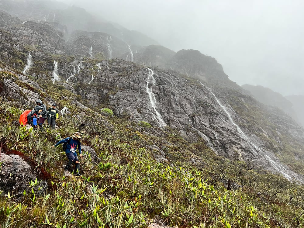 Um grupo de trilheiros navegando por uma encosta de montanha íngreme, rochosa e úmida com pequenas cachoeiras durante a expedição. Um grupo de trilheiros navegando por uma encosta de montanha íngreme, rochosa e úmida com pequenas cachoeiras durante a expedição.