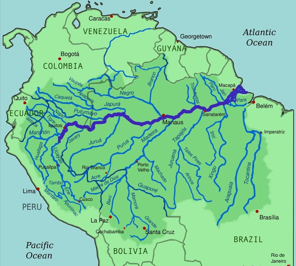 Mapa da América do Sul destacando a Bacia do Rio Amazonas e seus principais afluentes por todo o continente. Mapa da América do Sul destacando a Bacia do Rio Amazonas e seus principais afluentes por todo o continente.