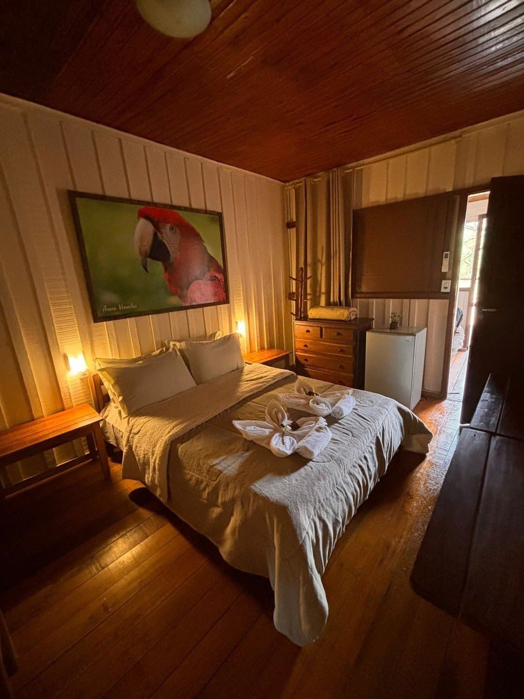 Einfach eingerichtet, warm beleuchtet, guter Schlaf garantiert. Gemütliches Doppelzimmer in einer preiswerten Pantanal-Lodge mit Holzdecke, warmem Seitenlicht, dekorativ gefalteten Handtüchern auf dem Bett, einer Holzkommode, Minikühlschrank und einem gerahmten Porträt eines roten Aras an der weißen Holzwand