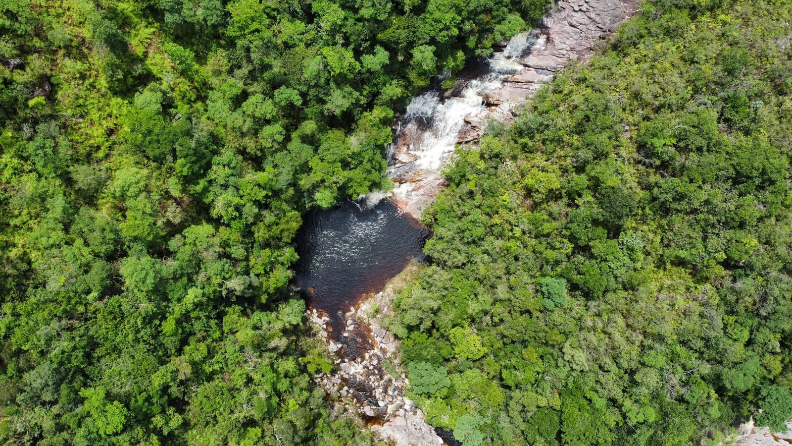 Ein Becken, das sich so gut versteckt, hat jeden Schritt verdient. Luftaufnahme eines Wasserfalls, der in ein dunkles, tanninreiches Naturbecken inmitten dichtem grünen Wald auf dem Chapada-Diamantina-Trek stürzt