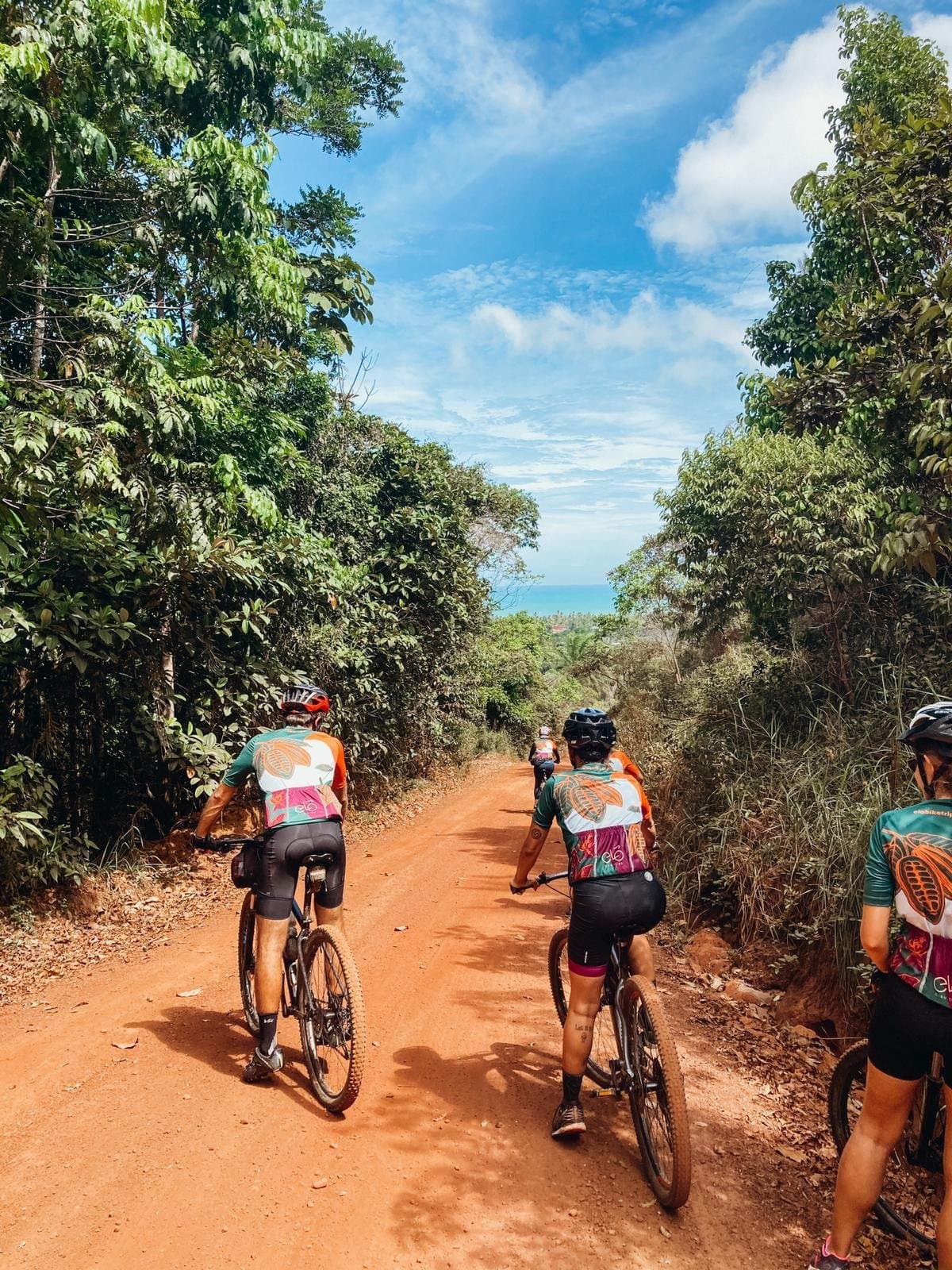 Terra vermelha, mata fechada e o mar aparecendo lá na frente. Grupo de ciclistas com camisas iguais pedalando mountain bikes em uma estrada de terra vermelha ladeada por Mata Atlântica, com vista para o mar na rota do cacau na Bahia