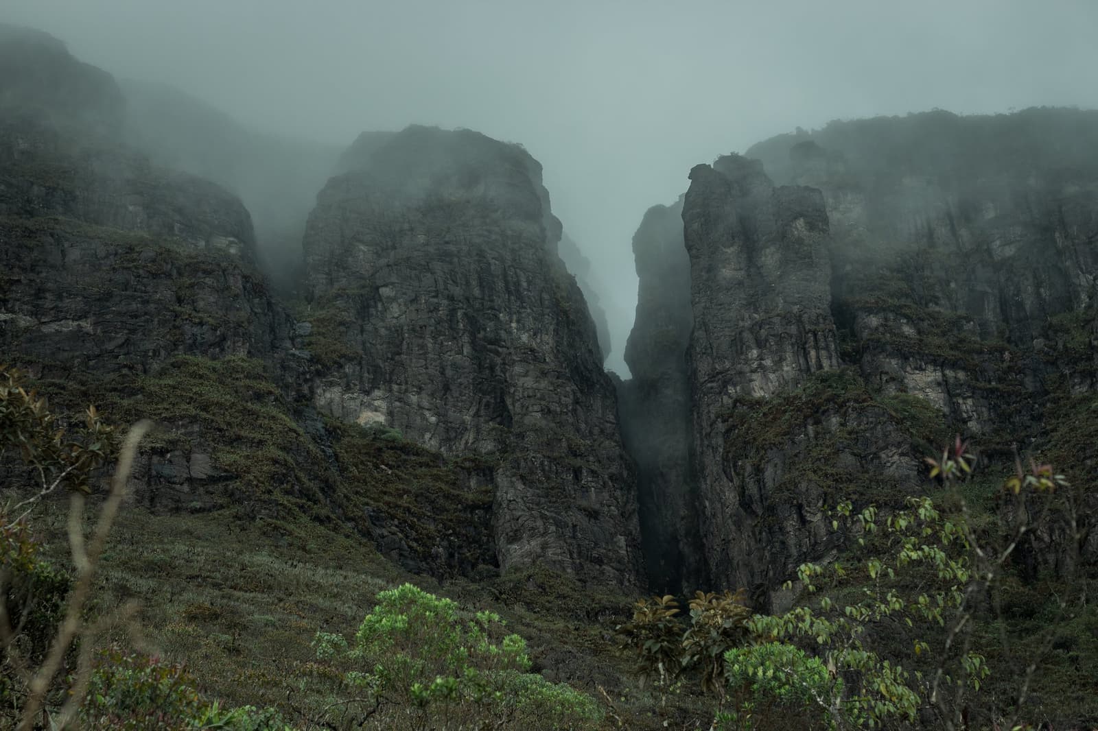De berg geeft niets prijs. Mist is hier geen bijzaak, maar de norm. Twee verticale rotskolommen gescheiden door een smalle diepe kloof steken op door dikke mist, met lage hooglandvegetatie op de voorgrond