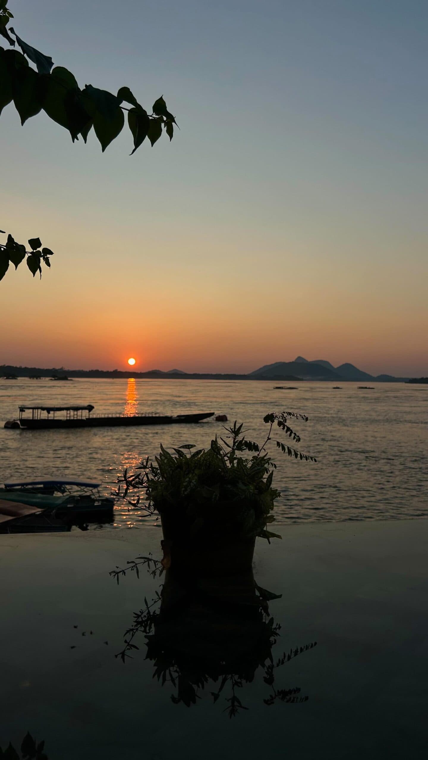 Dit soort avonden onthoud je niet bewust, ze blijven gewoon hangen. Een feloranje zon zakt weg boven een brede rivier tijdens de Pico da Neblina Expeditie, met silhouetten van boten op het water, een potplant op de voorgrond en verre heuvels aan de horizon
