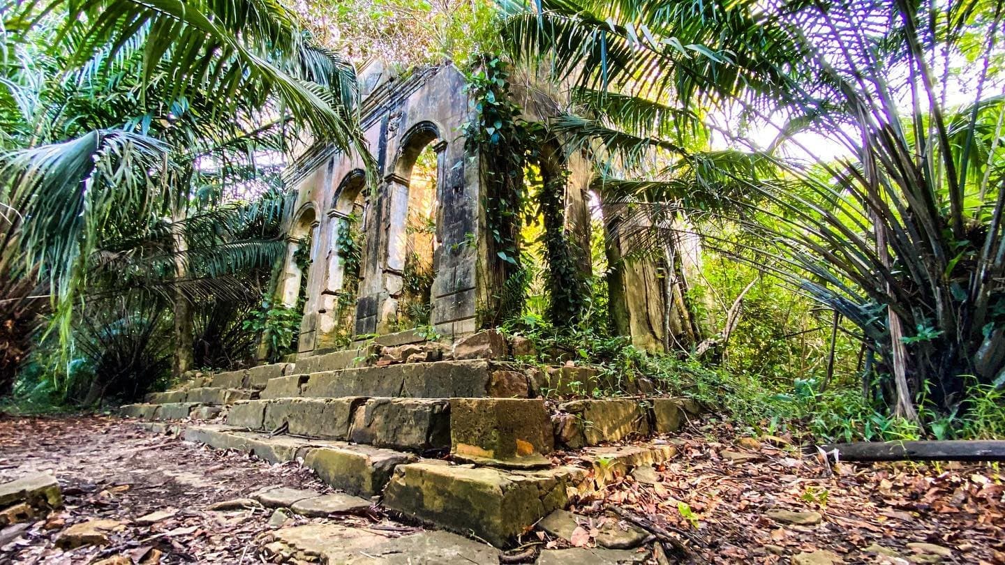 A floresta tem pressa em recuperar o que é seu. Fachada de pedra em ruínas com arcos de um edifício colonial abandonado, tomado por palmeiras e cipós em Airão Velho, às margens do Rio Negro