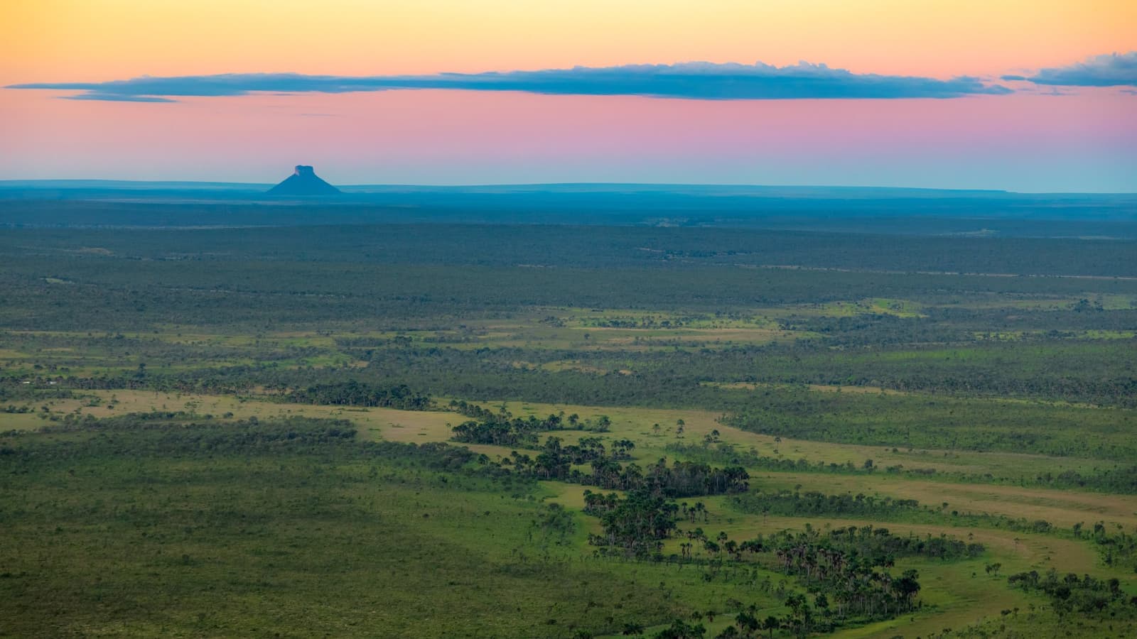 O Cerrado não tem pressa de acabar, e aquela chapada lá longe prova o ponto. Photo: Alberto Andrich Vista aérea panorâmica do Cerrado ao entardecer durante uma aventura no Jalapão, com uma mesa de topo plano em silhueta no horizonte sob um céu rosa e laranja, e buritis espalhados pelas vastas planícies verdes