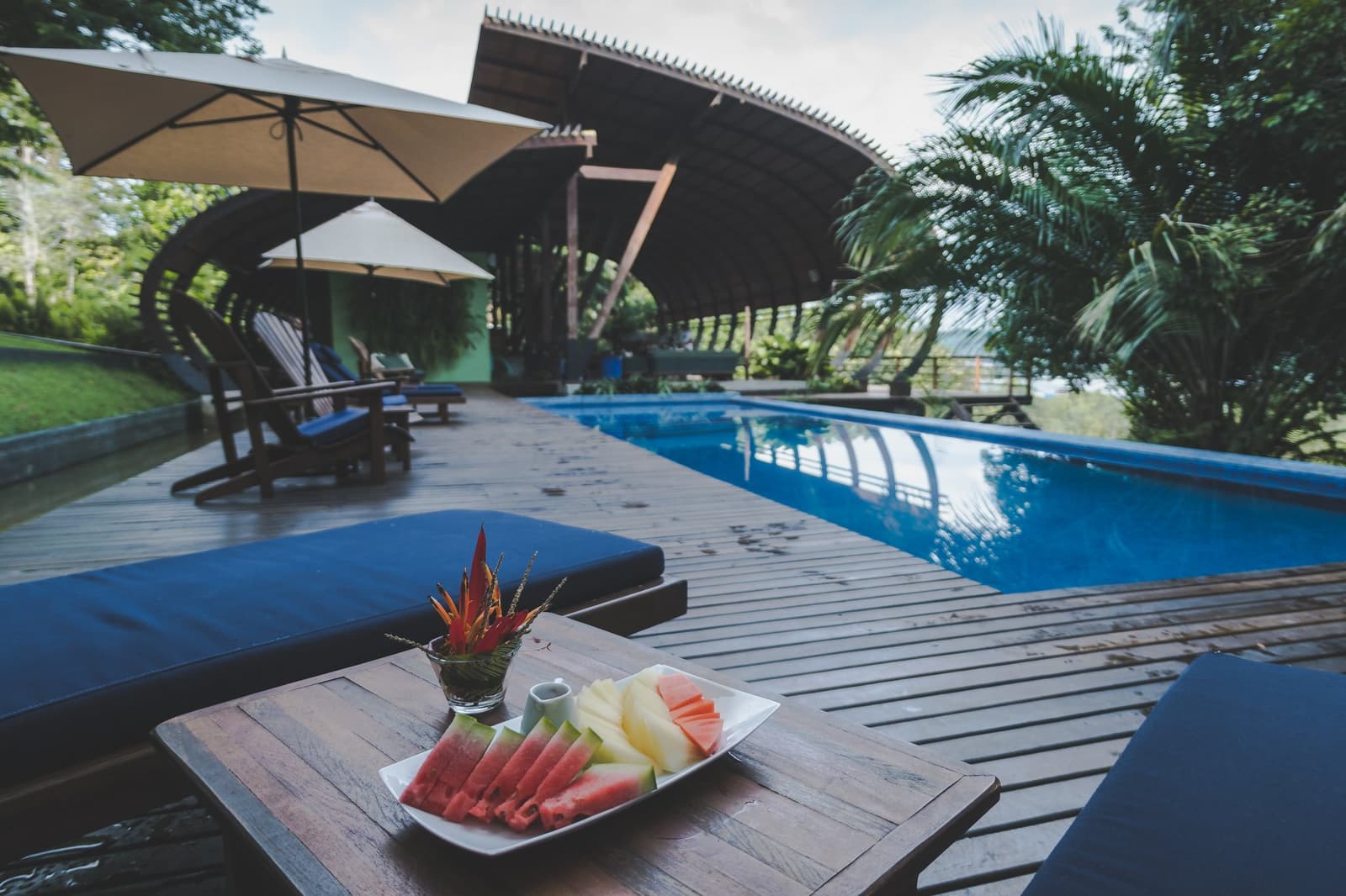 Des fruits frais, une piscine, et la forêt à portée de main. L'après-midi s'annonce bien. Une assiette de pastèque et d'ananas tranchés posée sur la tablette d'un transat au bord de la piscine du Mirante do Gavião, avec un pavillon au toit incurvé et une végétation tropicale luxuriante en arrière-plan