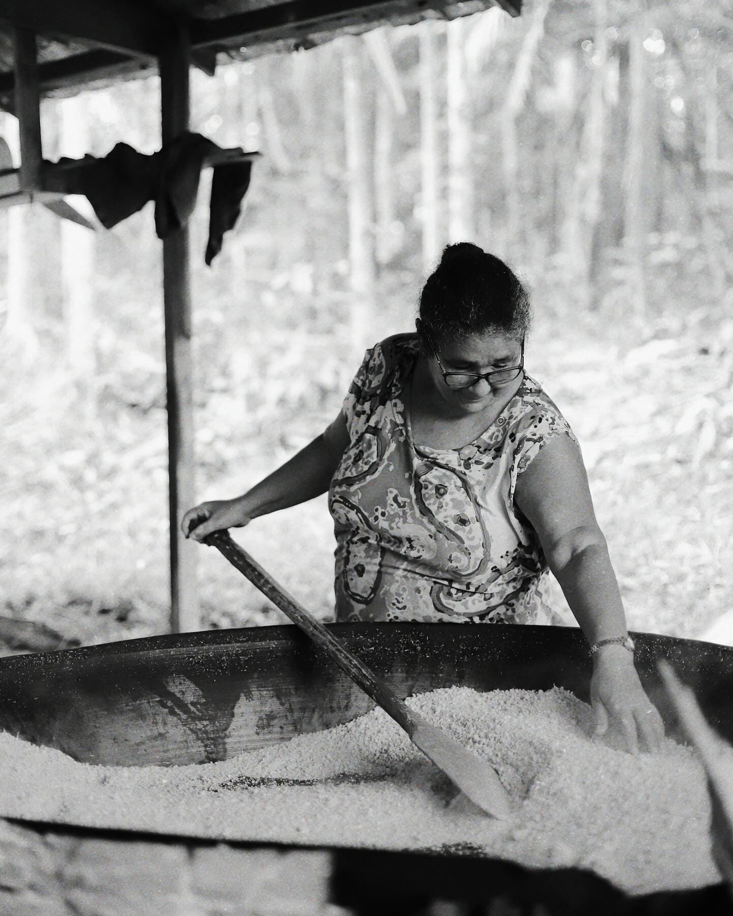 A farinha tosta no ritmo certo, e ela sabe exatamente qual é esse ritmo. Uma mulher de óculos mexe farinha de mandioca recém-ralada em uma grande panela de ferro em uma casa de farinha a céu aberto, com a floresta ao fundo