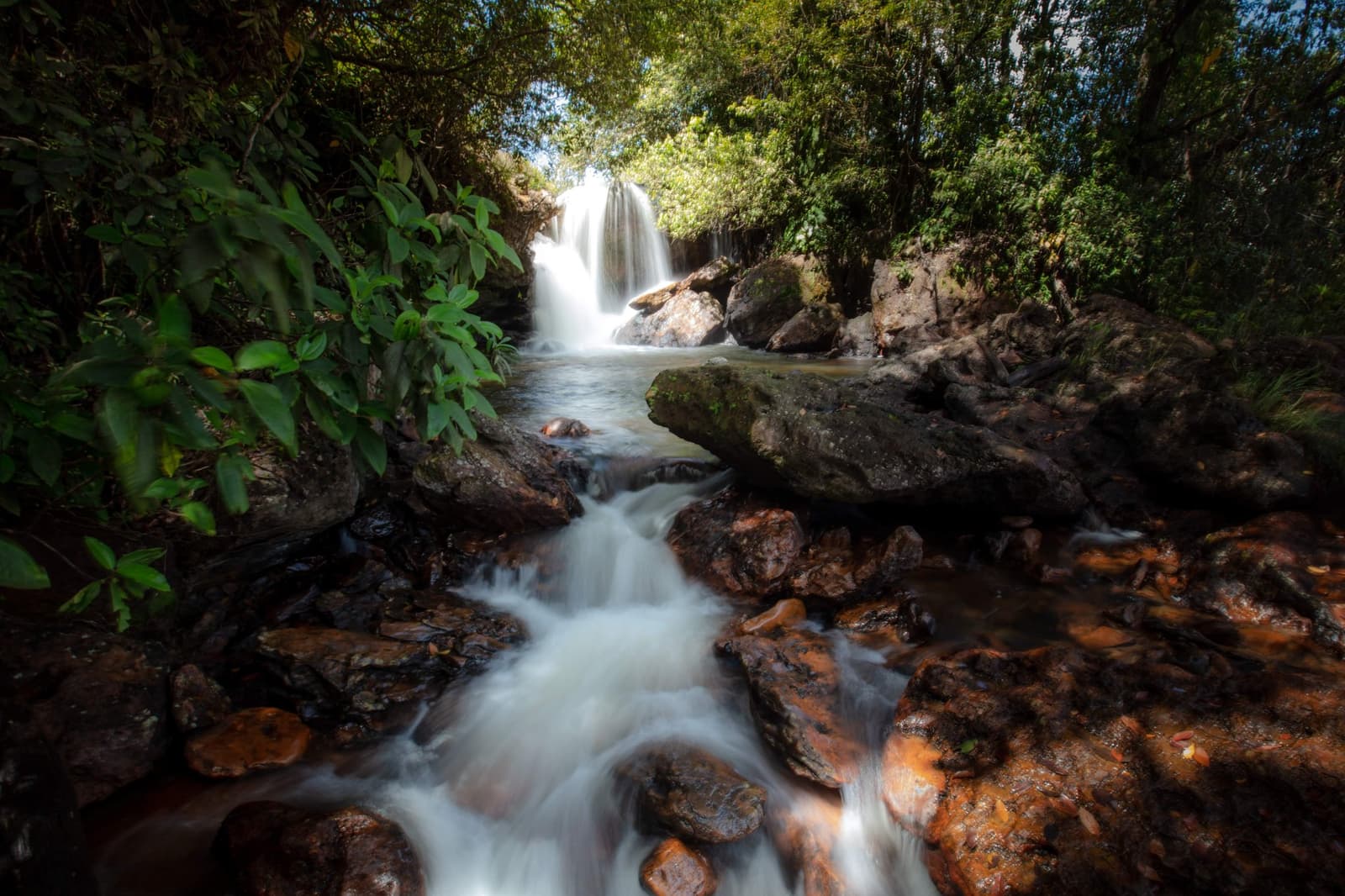 Cold water, warm rocks, no queue. This is the reward for showing up on foot. Photo: Alberto Andrich A silky waterfall drops through dense cerrado forest onto moss-covered boulders, feeding a fast-moving stream over rust-red rocks on a Jalapão trekking route