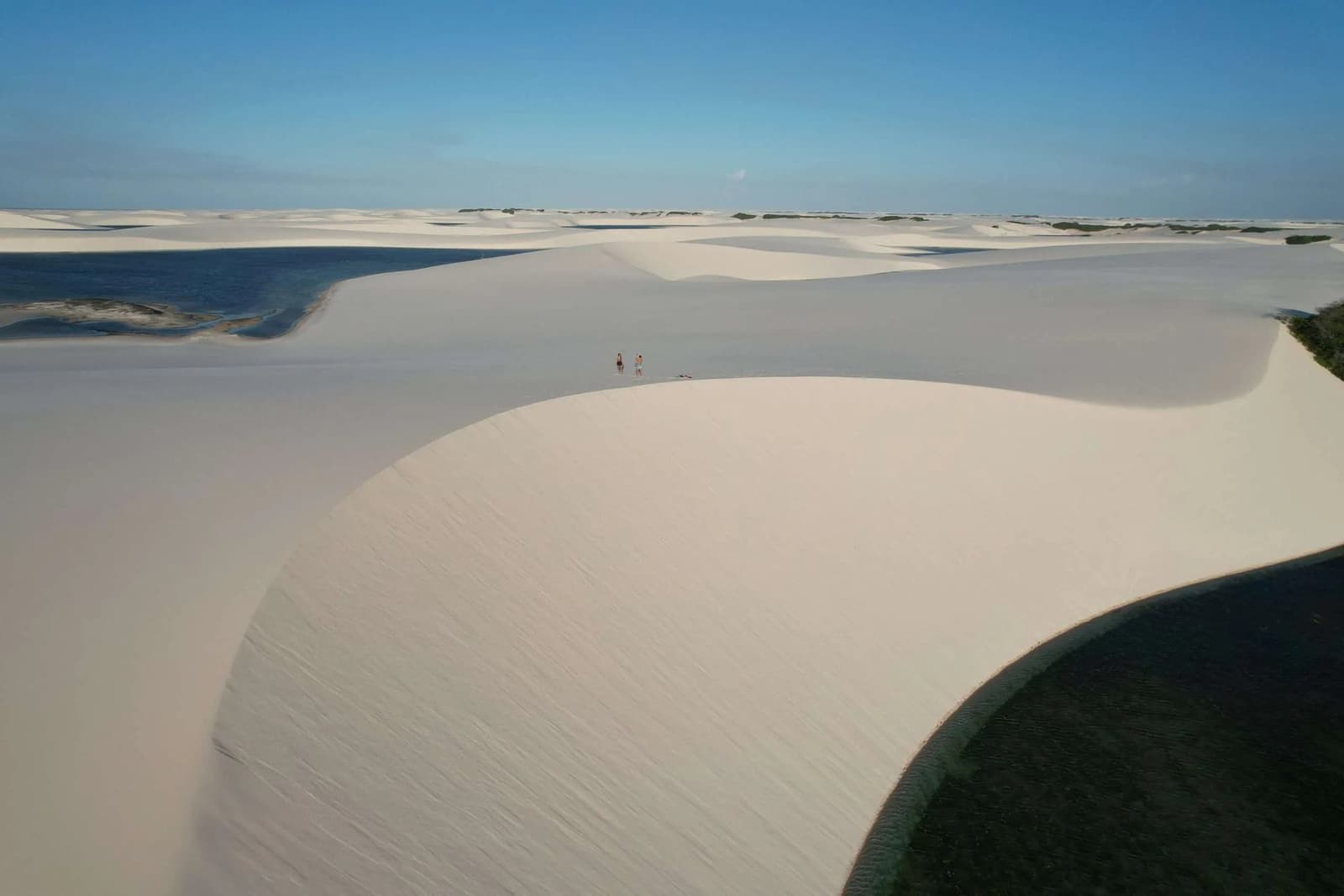 A imensidão só faz sentido quando você vê as duas pessoas lá no meio. Duas figuras minúsculas estão sobre uma duna de areia branca durante um trek pelos Lençóis Maranhenses, rodeadas por um mosaico de lagoas e cristas de dunas que se estendem até o horizonte sob um céu azul limpo