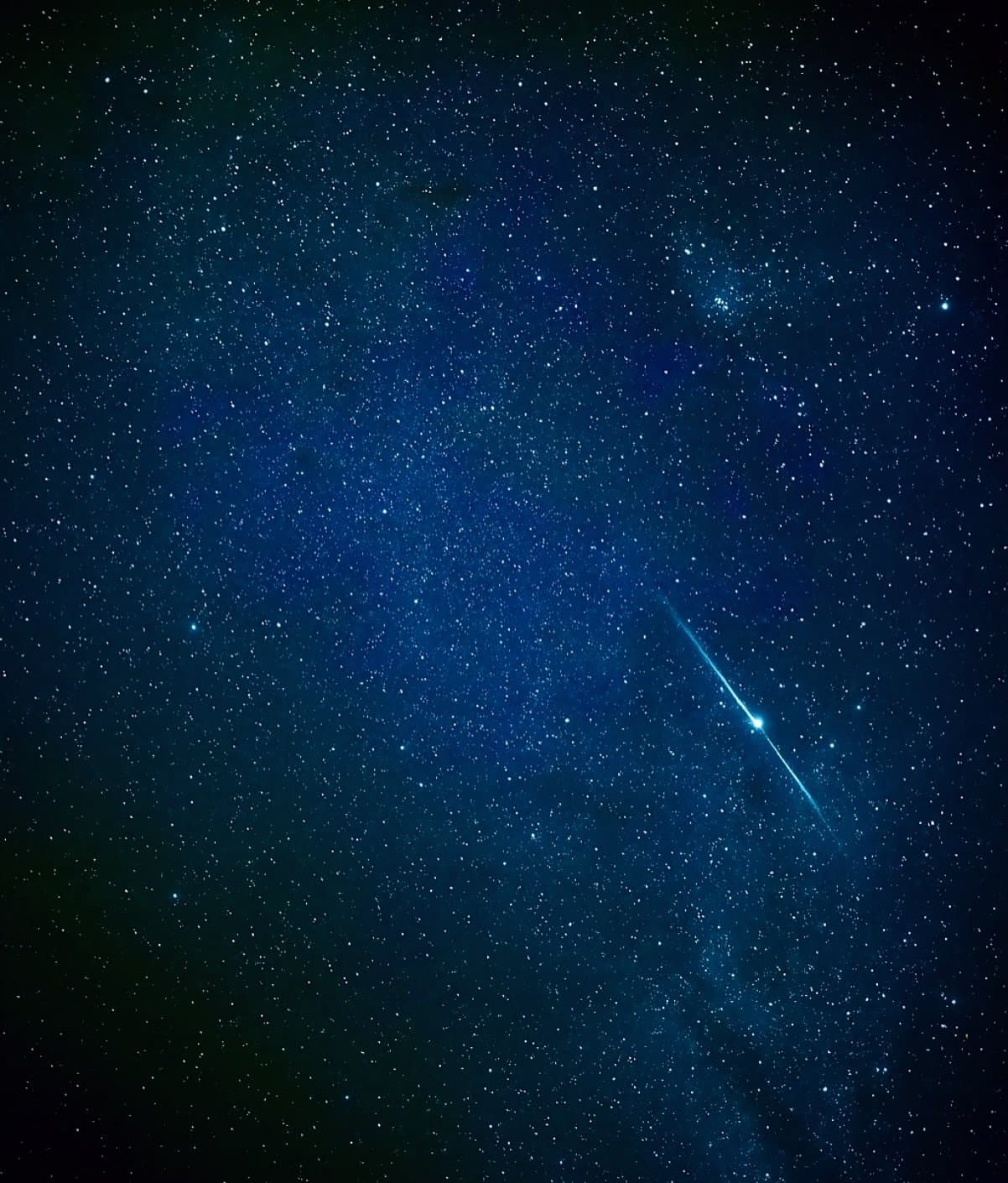 Wünsch dir was, der Amazonas-Himmel hört zu. Eine helle Sternschnuppe zieht diagonal über einen tief blauen, sternenübersäten Nachthimmel am Amazonas