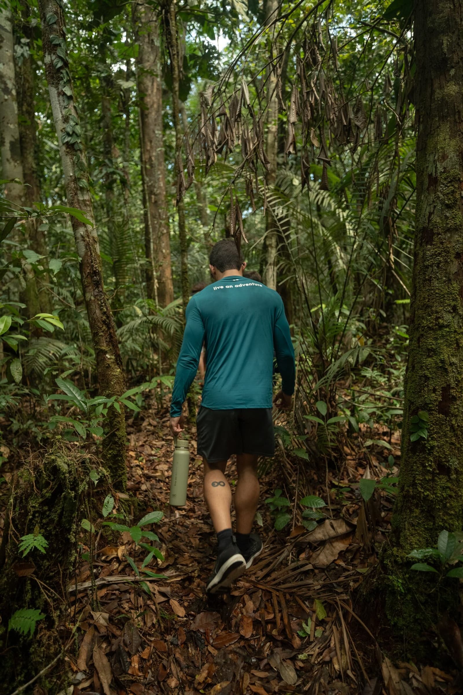 Un sentier, une gourde, et la forêt qui garde ses secrets pour elle. Un randonneur en t-shirt turquoise à manches longues, bouteille d'eau à la main, s'avance sur un sentier étroit couvert de feuilles au cœur d'une forêt tropicale dense.
