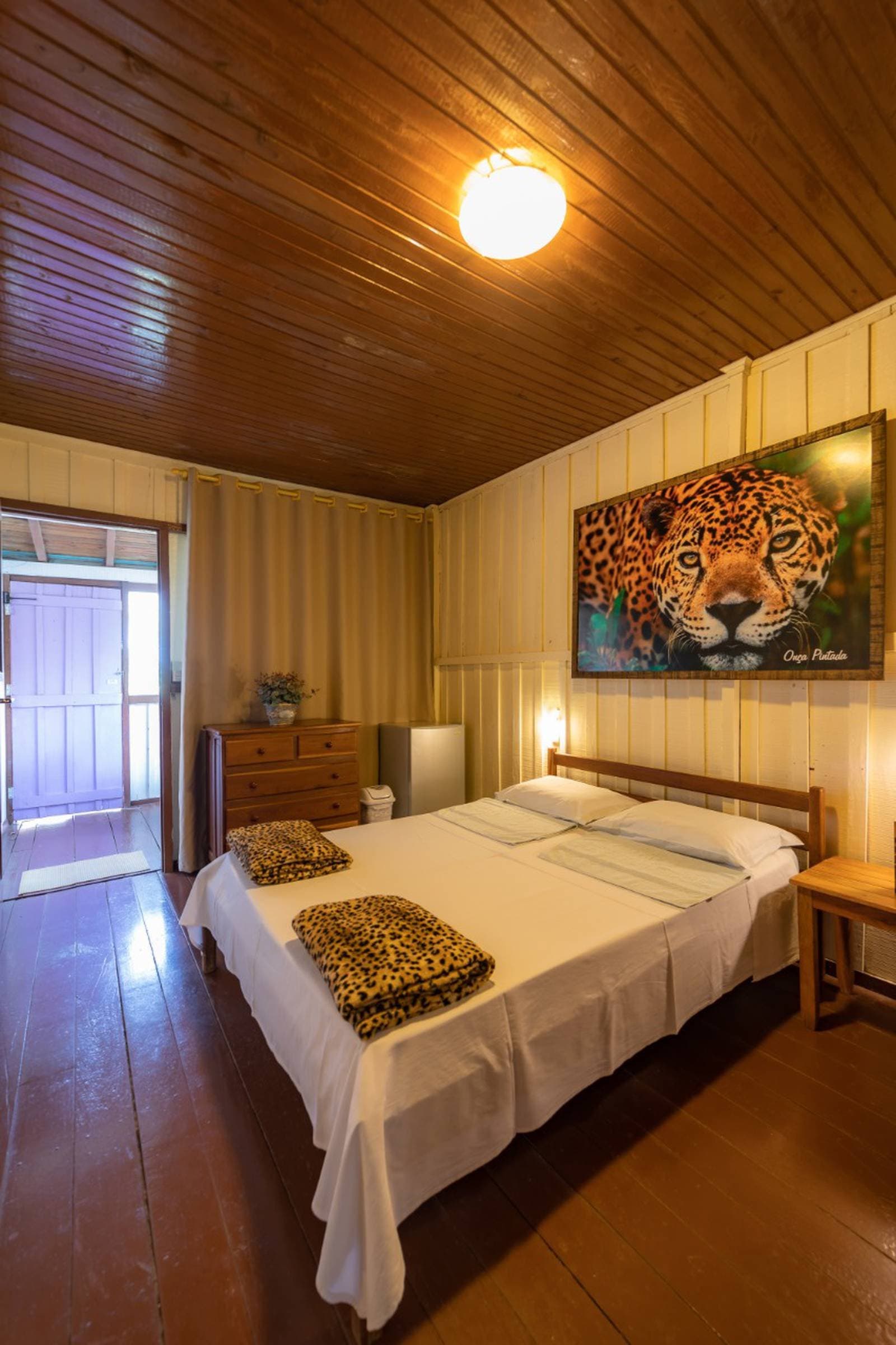 Der Jaguar über dem Bett erinnert daran, wo der nächste Tag wartet. Doppelzimmer einer günstigen Pantanal-Lodge mit Holzdecke, polierten Holzböden, Leopardenmuster-Decken auf dem Bett und einem großen Jaguar-Porträt über dem Kopfteil