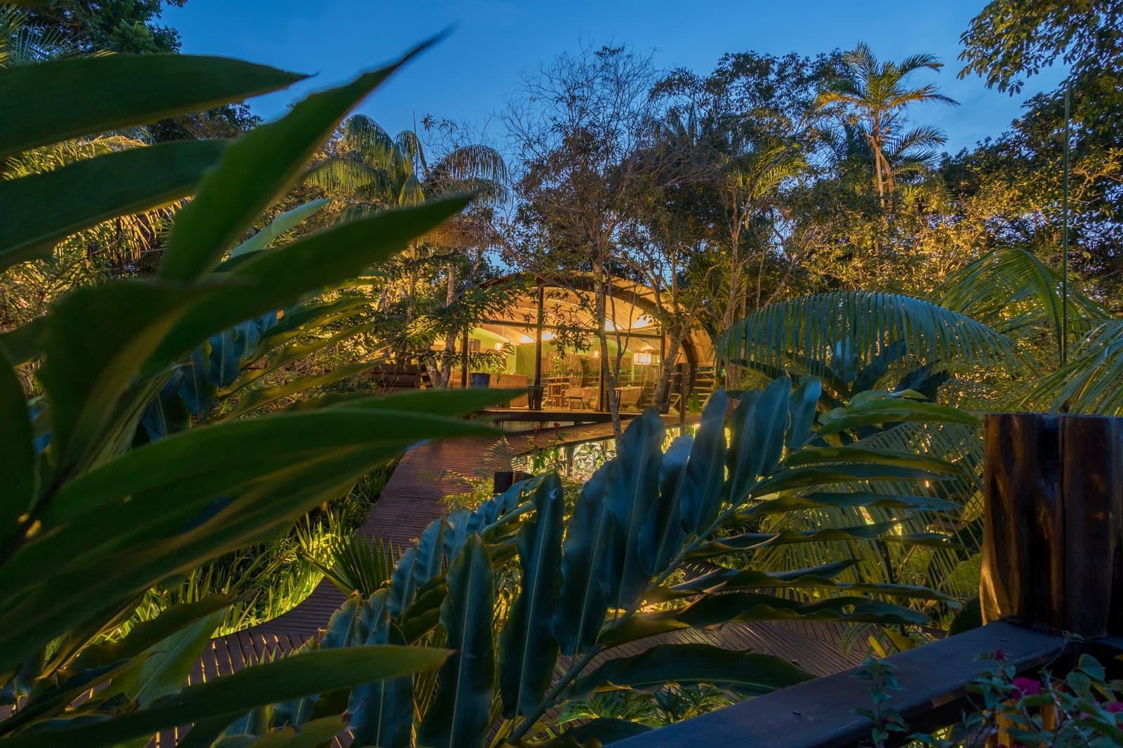 La forêt ne s'endort pas, elle change juste d'ambiance. Un pavillon en plein air illuminé du Mirante do Gavião, aperçu à travers une végétation tropicale luxuriante le long d'une passerelle en bois au crépuscule