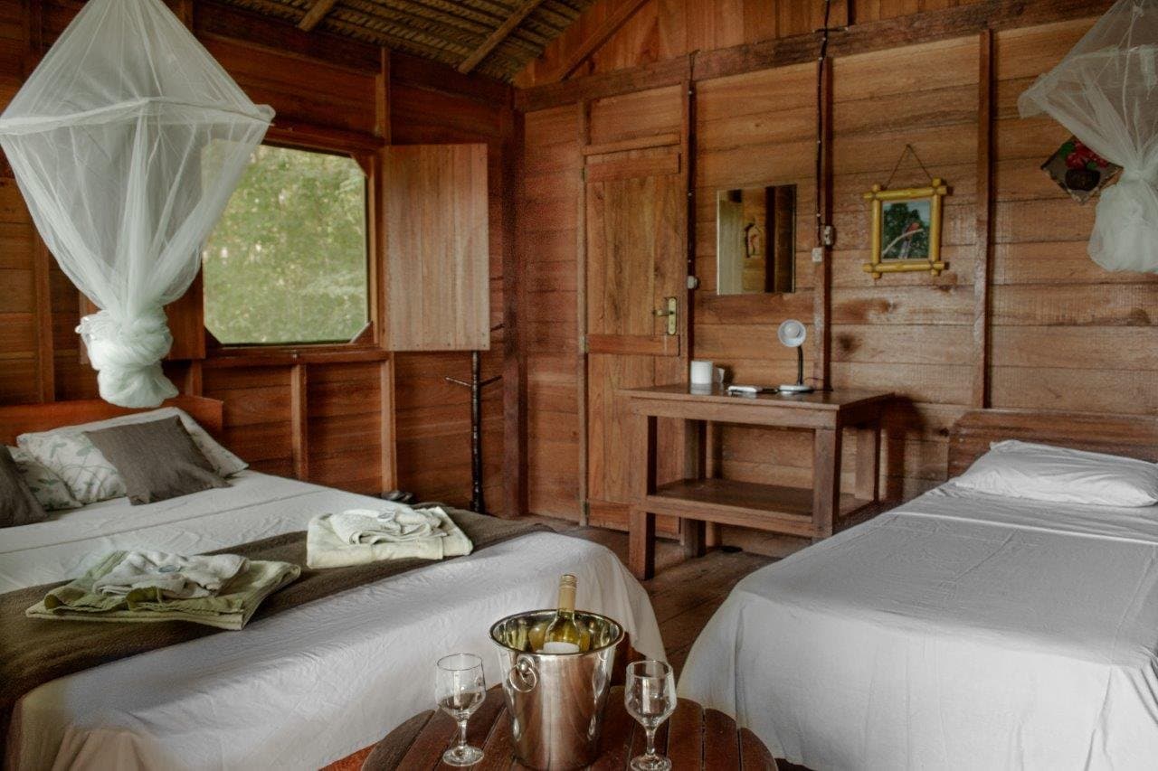 Mosquiteiros, madeira nobre e vinho gelado — bem-vindo à sua casa na Amazônia. Quarto duplo em lodge de madeira na floresta, com mosquiteiros brancos, paredes de tábuas de madeira aquecida e uma garrafa de vinho gelada em balde de prata sobre mesa rústica