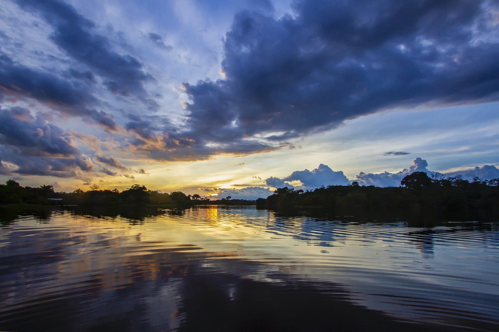 Nuvens de tempestade, água dourada, silêncio da selva — o entardecer amazônico. Photo: David Nascimento @ Um pôr do sol dramático sobre um amplo rio amazônico durante um tour pela selva amazônica brasileira, com luz dourada refletida na água calma e silhuetas de árvores da floresta tropical sob nuvens de tempestade azul-escuro