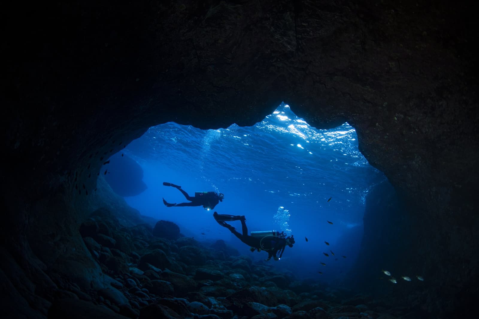 Diep in de rots laat de zee haar andere gezicht zien. Twee duikers als silhouet in een rotsachtige onderwatergrot met elektrisch blauw water tijdens een duikreis naar Fernando de Noronha, zonlicht rimpelt door de grotopening