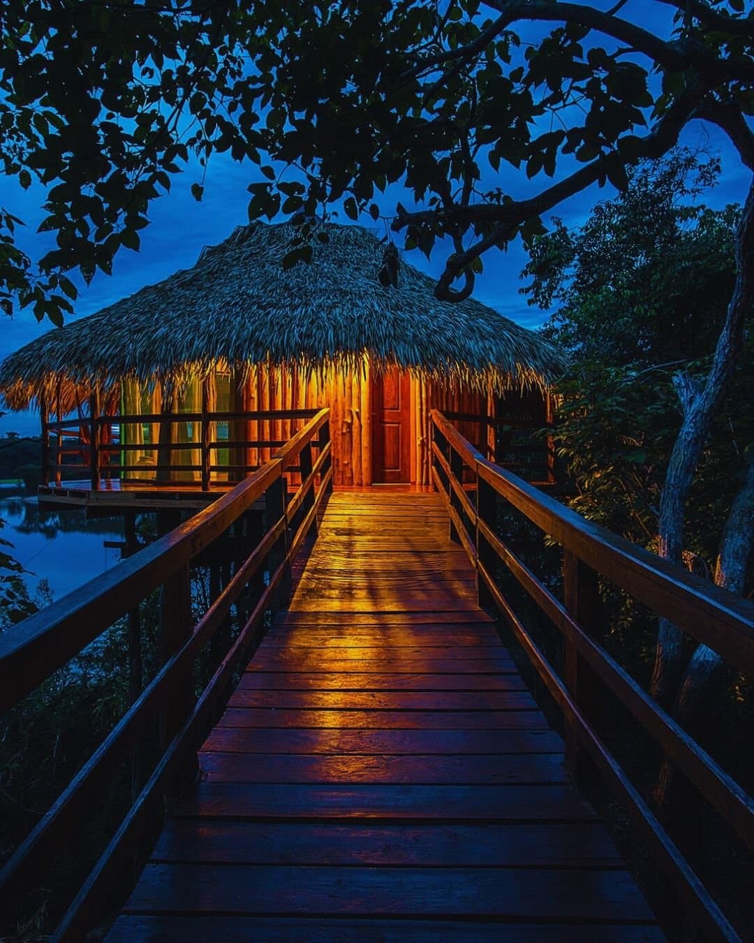 O quarto está pronto, e a Amazônia cuida da iluminação. Uma passarela de madeira atravessa o dossel da floresta em direção a um bangalô de palha iluminado com luz âmbar no Juma Amazon Jungle Lodge, brilhando contra um céu crepuscular azul-profundo