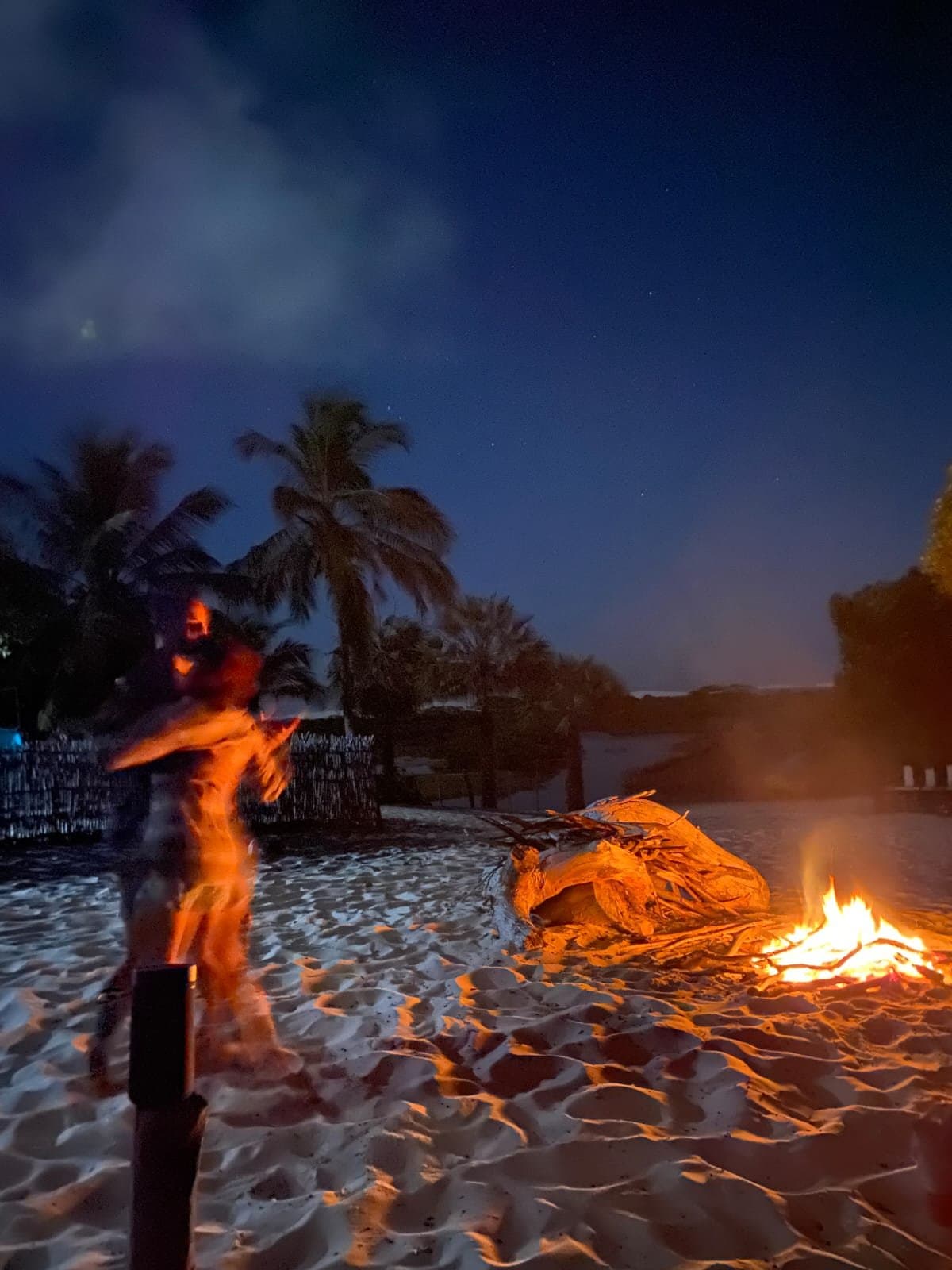 Lueur du feu, sable blanc, ciel criblé d'étoiles — une nuit inoubliable. Une silhouette en mouvement près d'un feu de camp sur une plage de sable blanc la nuit, des palmiers se découpant sur un ciel bleu profond étoilé lors de la randonnée dans les Lençóis Maranhenses