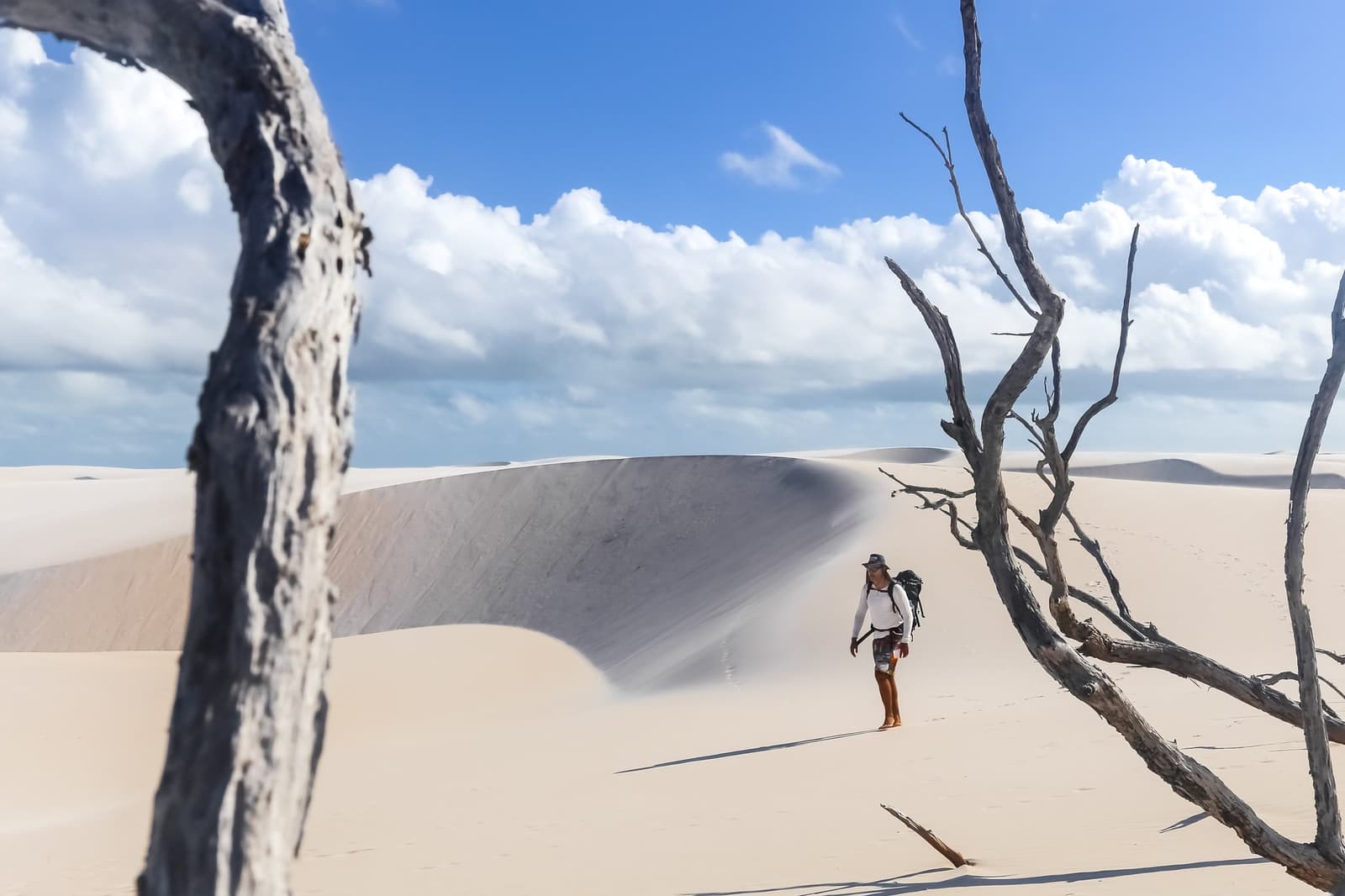 Bois blanchi, sable immaculé, un randonneur happé par les dunes. Photo: MaRabelo Un randonneur avec chapeau et sac à dos s'arrête parmi des arbres morts blanchis sur une immense dune de sable blanc lors d'une randonnée dans les Lençóis Maranhenses, avec des crêtes de dunes sculptées sous un ciel bleu vif