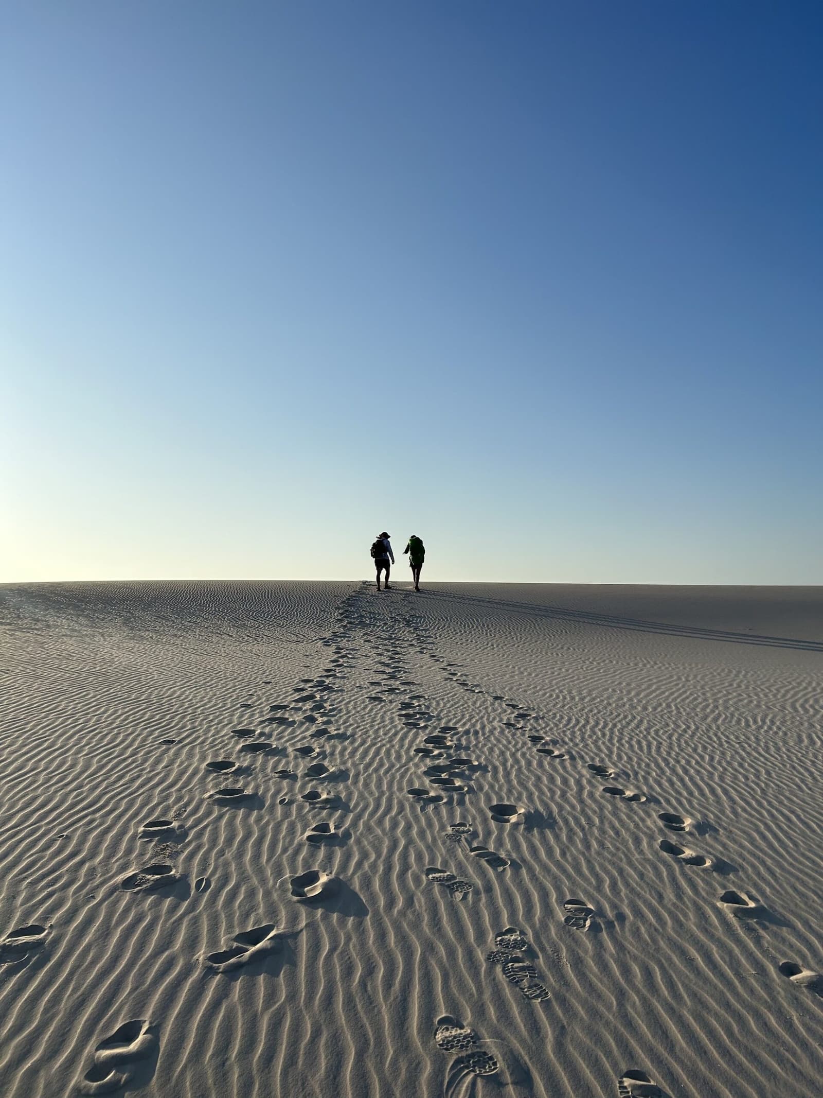 Rien que le sable, les empreintes et l'horizon qui appelle. Deux randonneurs en silhouette avec des sacs à dos marchent vers l'horizon sur une immense dune de sable blanc ondulée lors d'une randonnée dans les Lençóis Maranhenses, leurs empreintes s'étirant au premier plan sous un ciel bleu dégagé