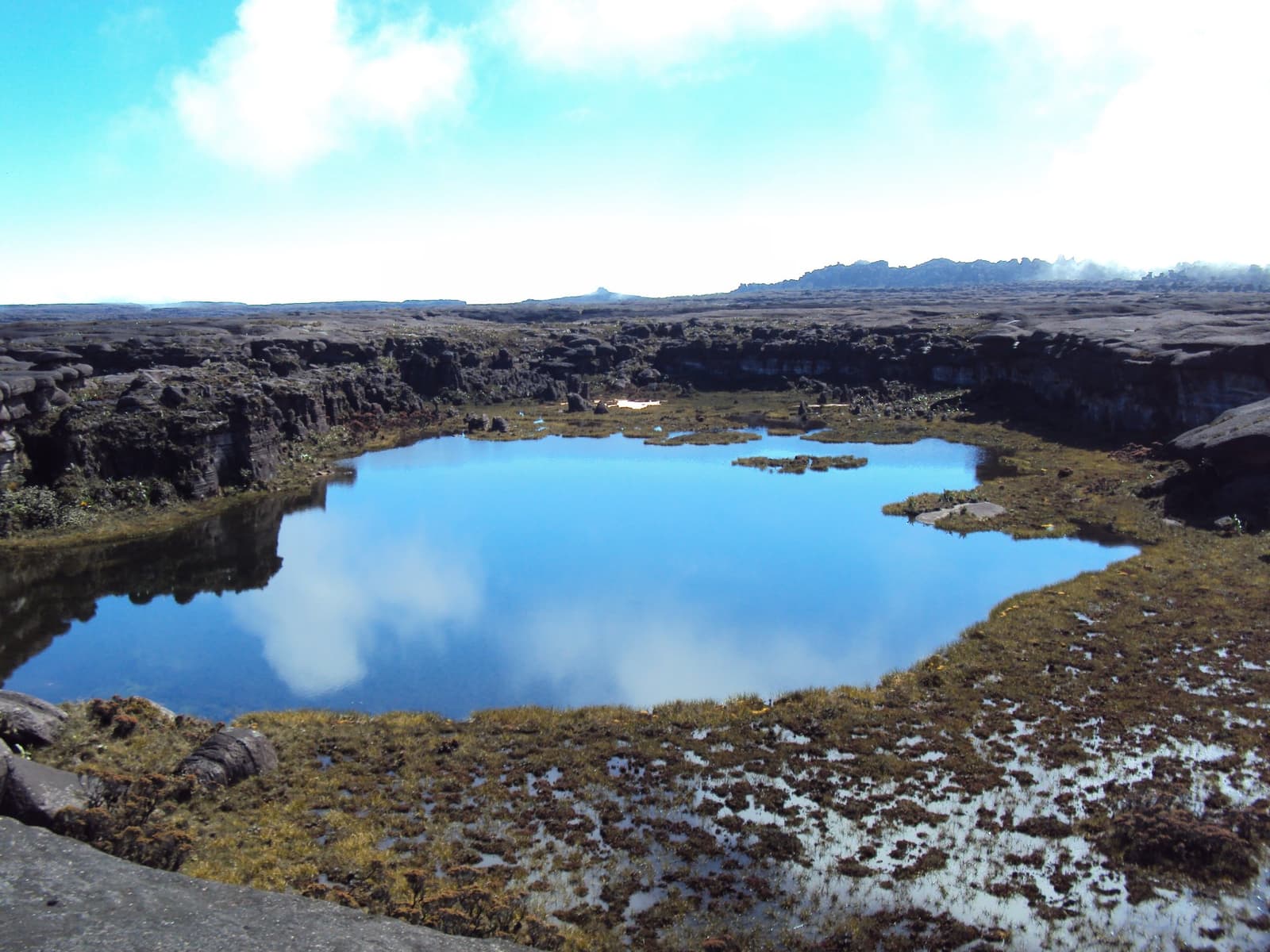 Up here, even the puddles have a prehistoric quality to them. A still blue lagoon reflects the sky on the ancient rocky summit plateau of the Mount Roraima hike, surrounded by dark weathered sandstone cliffs and golden-brown tepui vegetation