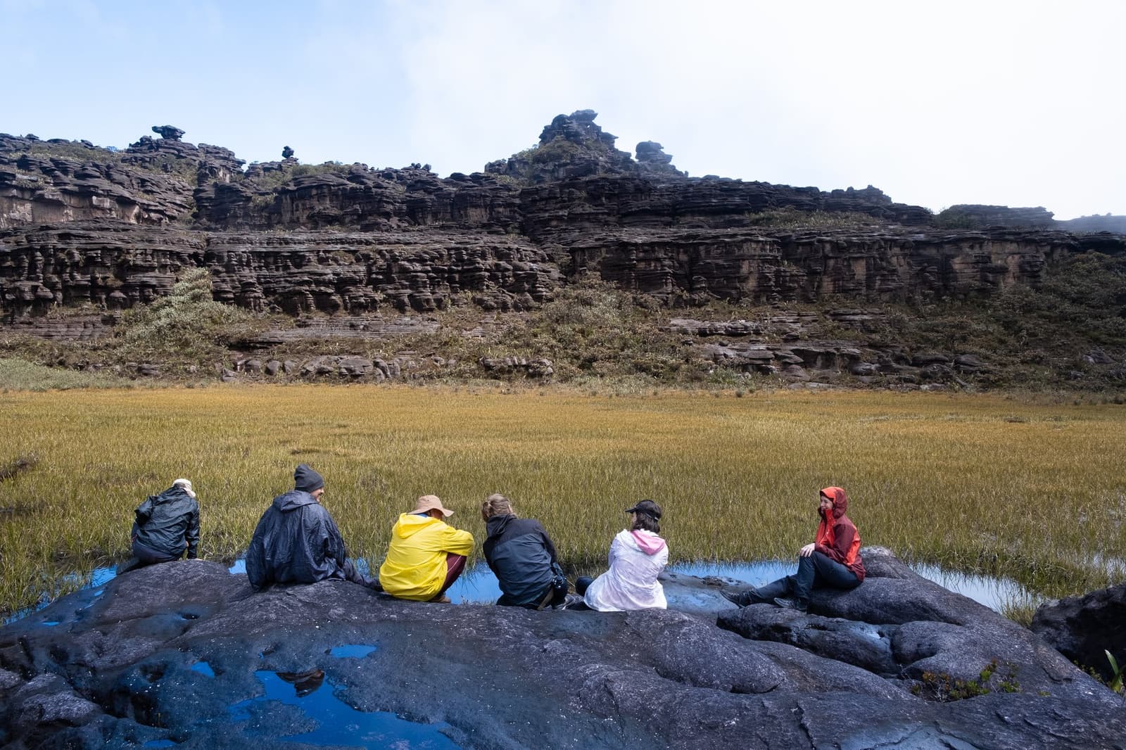 A quiet moment on top of the world, shared with five good strangers. Six hikers in rain gear sitting on dark rocks beside a golden-grass meadow during a Mount Roraima hike, with ancient layered sandstone cliffs rising in the background