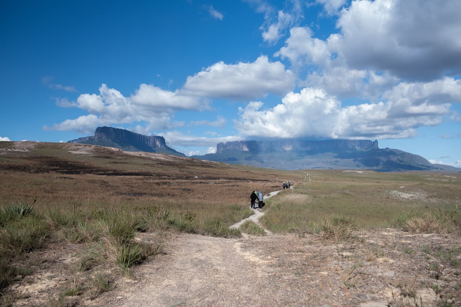 Le tepui est là, juste devant, il suffit de continuer. Un groupe de randonneurs suit un sentier de terre à travers une savane ouverte lors du trek du mont Roraima, avec deux immenses tepuis aux sommets tabulaires se découpant sur un ciel bleu en arrière-plan