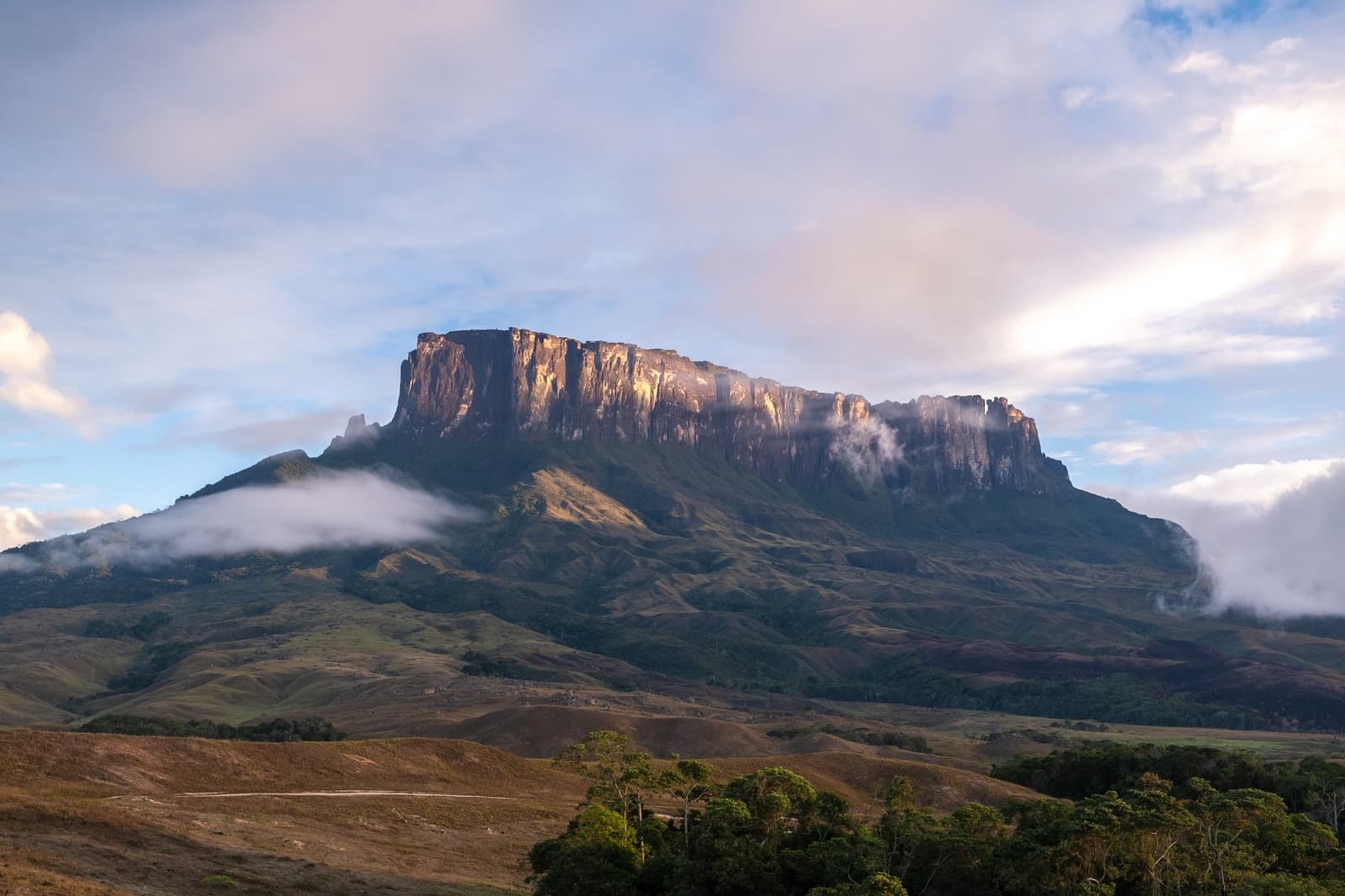 Deux milliards d'années de présence, et il n'a jamais eu à se justifier. Le massif de grès à sommet plat d'un tepui se dresse au-dessus des savanes ondulantes lors du trek du mont Roraima, des nuages bas dérivant autour de ses falaises verticales dans une lumière matinale dorée