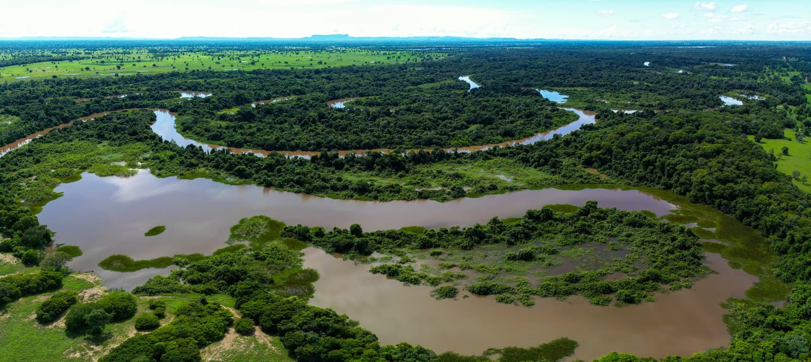 Von oben sieht der Pantanal aus wie ein Fluss, der sich einfach nicht entscheiden kann. Luftpanorama eines breiten, mäandernden Flusses, der sich durch dichten Tropenwald und überflutete Ebenen auf einer Pantanal-Bonito-Tour schlängelt, mit fernen Bergen am Horizont