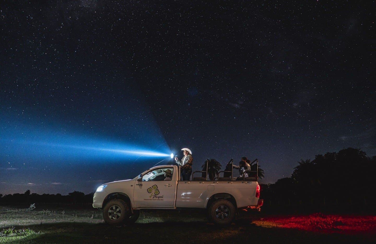 Nachts gehört das Pantanal den Tieren, und den, die geduldig genug suchen. Ein Führer steht in einem Pickup der Lodge und richtet einen hellen Suchscheinwerfer in den sternenübersäten Nachthimmel während einer Pantanal-Bonito-Tour-Nachtsafari