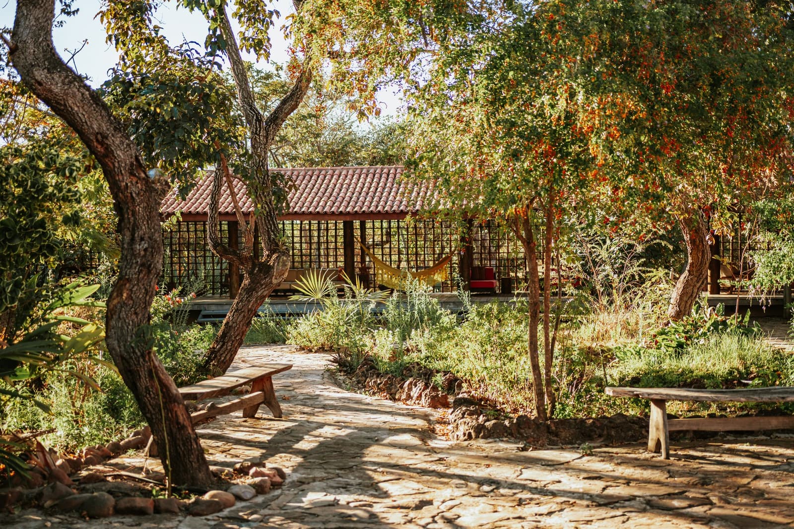 Aquele jardim que convence você a largar a mochila e ficar um pouco mais. Caminho de pedras ensolarado na Pousada Trijunção atravessando um jardim exuberante com árvores nativas do Cerrado, levando a um pavilhão aberto com rede e telhado de telhas cerâmicas