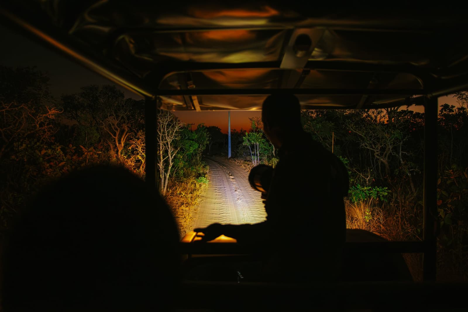 Faróis na trilha, olhos bem abertos, bicho de noite aparece pra quem tem calma. Vista de dentro de um veículo de safari aberto na Pousada Trijunção, com os faróis iluminando uma trilha de areia que corta a vegetação densa do Cerrado sob um céu alaranjado ao entardecer