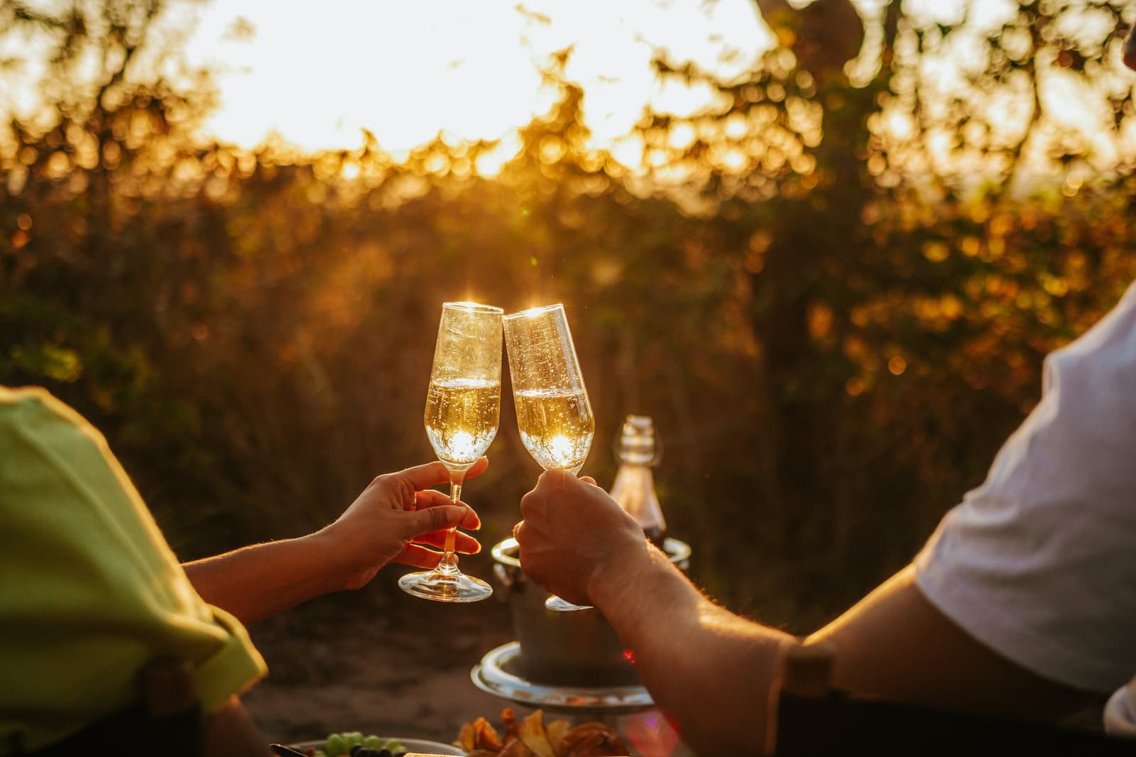 No Cerrado, até um brinde simples vira um momento para guardar. Dois hóspedes brindam com taças de champanhe na Pousada Trijunção durante um pôr do sol dourado no Cerrado