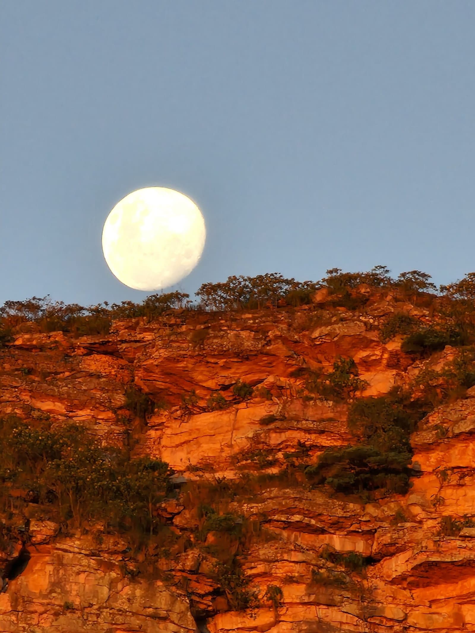 Ce genre de lever de lune qui arrête net la conversation. Une lune presque pleine se lève au-dessus de falaises de grès rouge chaud parsemées de végétation arbustive sur le Vale do Pati Trek, sous un ciel bleu crépusculaire