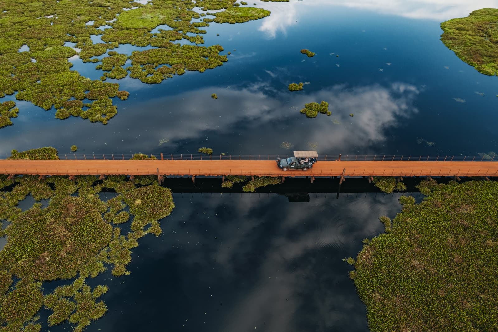 Irgendwo zwischen Himmel und Wasser folgt die Straße ihrer eigenen Logik. Photo: Felipe Castellari Luftaufnahme eines überdachten Geländewagens, der auf einer langen Holzbrücke über spiegelglatte, mit Wasserpflanzen übersäte Feuchtgebiete des Pantanal fährt