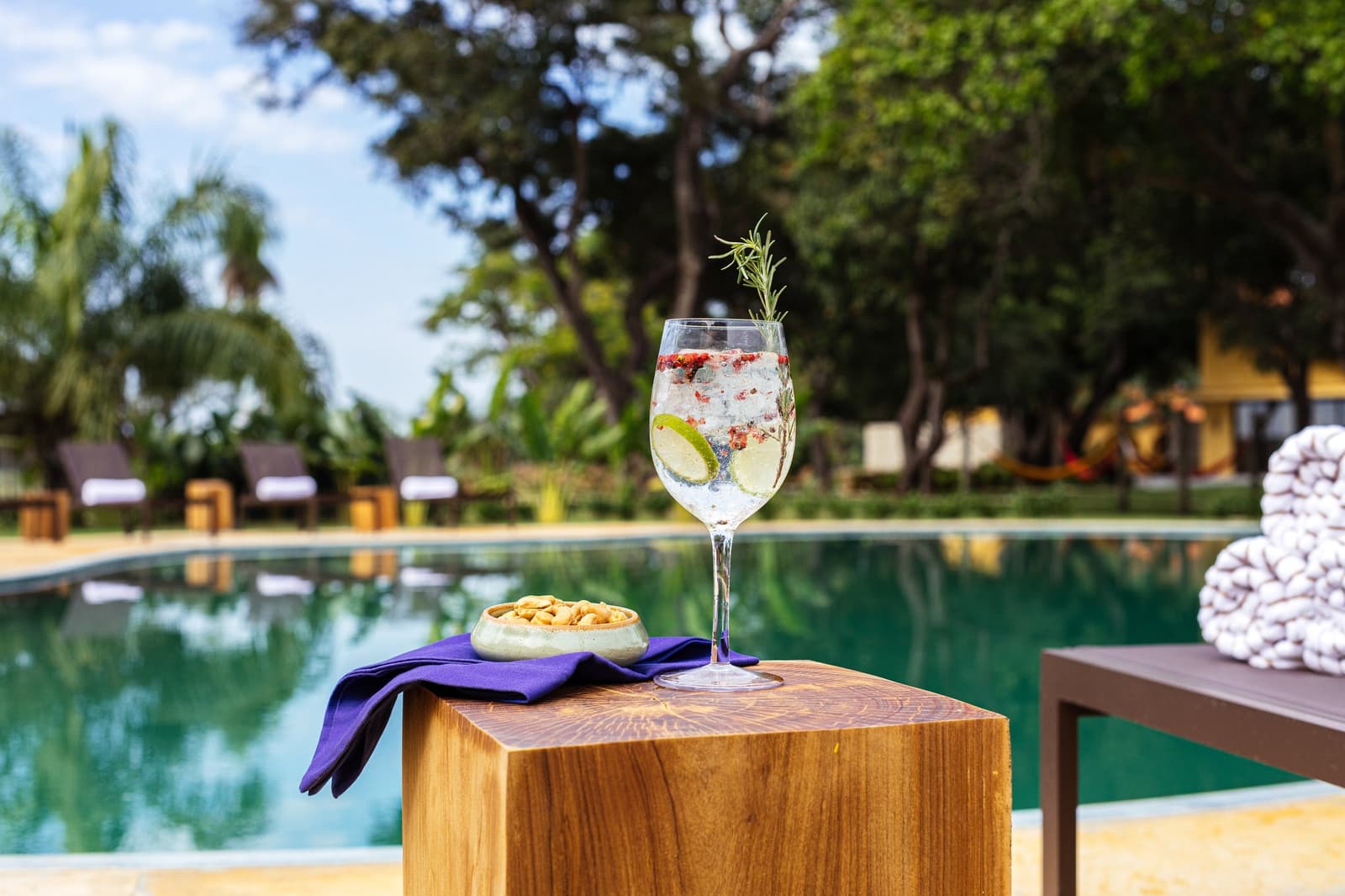 Erst das Sundowner, dann entscheidet der Pool. Reihenfolge stimmt so. Ein garnierter Gin Tonic mit Limette, Rosmarin und getrockneten Beeren in einem Kristallglas neben einer Schale Salznüssen auf einem Holzbeistelltisch, dahinter der ruhige Swimmingpool einer Lodge mit üppigen tropischen Bäumen auf einer Luxusreise durch den Pantanal und Amazonas