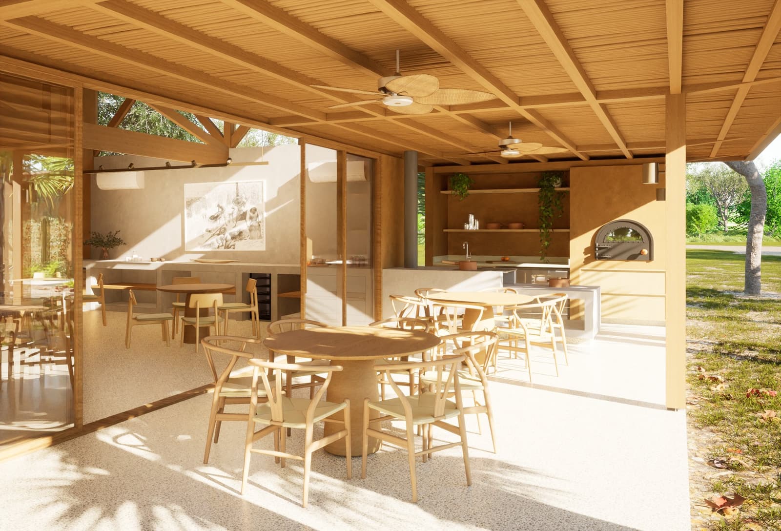 Runde Tische, offene Küche und ein Holzofen, der weiß, was er tut. Architekturvisualisierung eines offenen Speisepavillons für eine Luxury Pantanal and Amazon Trip, mit runden Holztischen, Wishbone-Stühlen, Holzofen, Regalen mit hängenden Pflanzen, Rattandeckenventilatoren und einem Holzbalkengebälk mit Blick in üppige Gärten